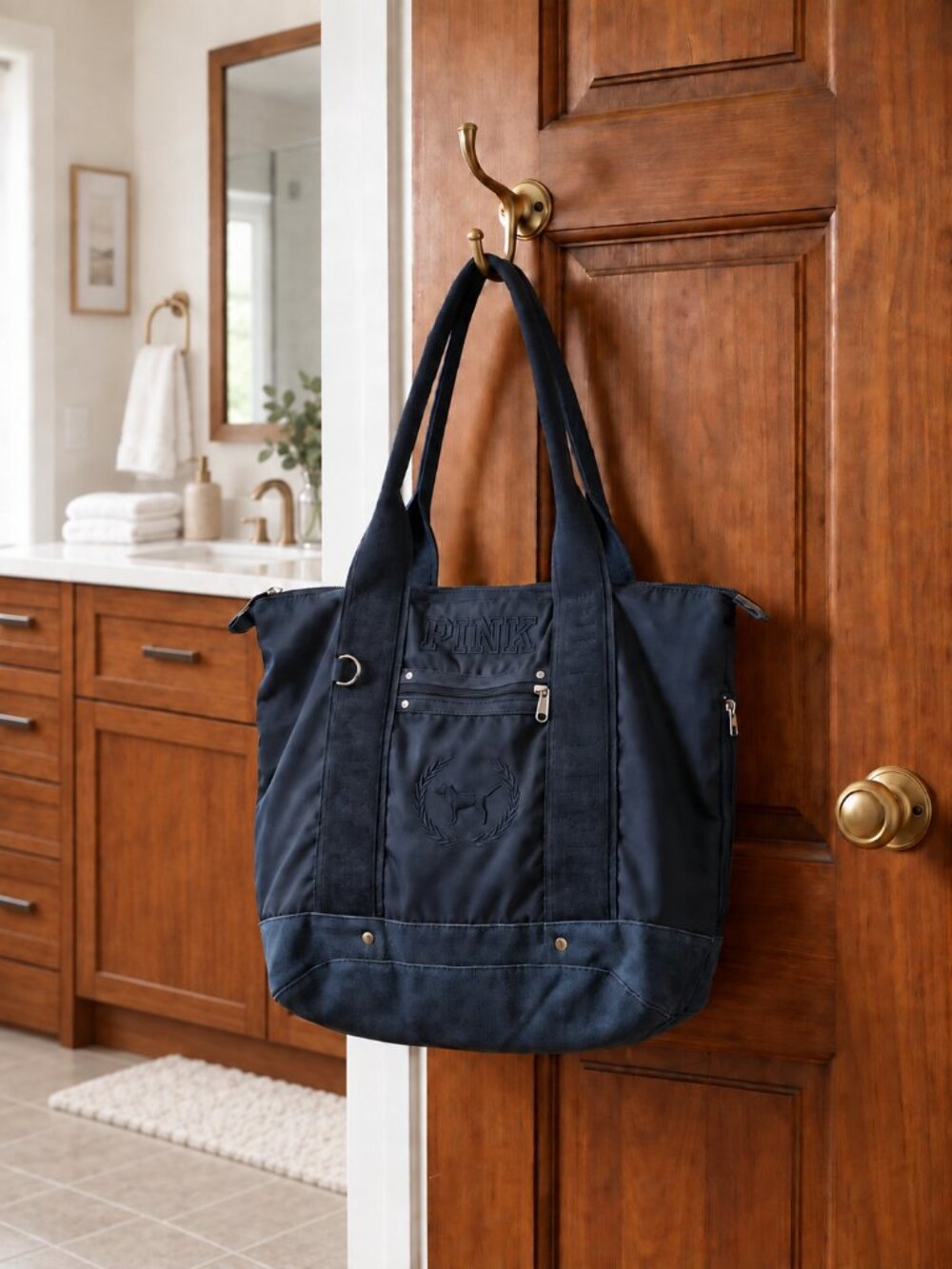 Victoria's Secret Navy Satin & Canvas Tote Bag